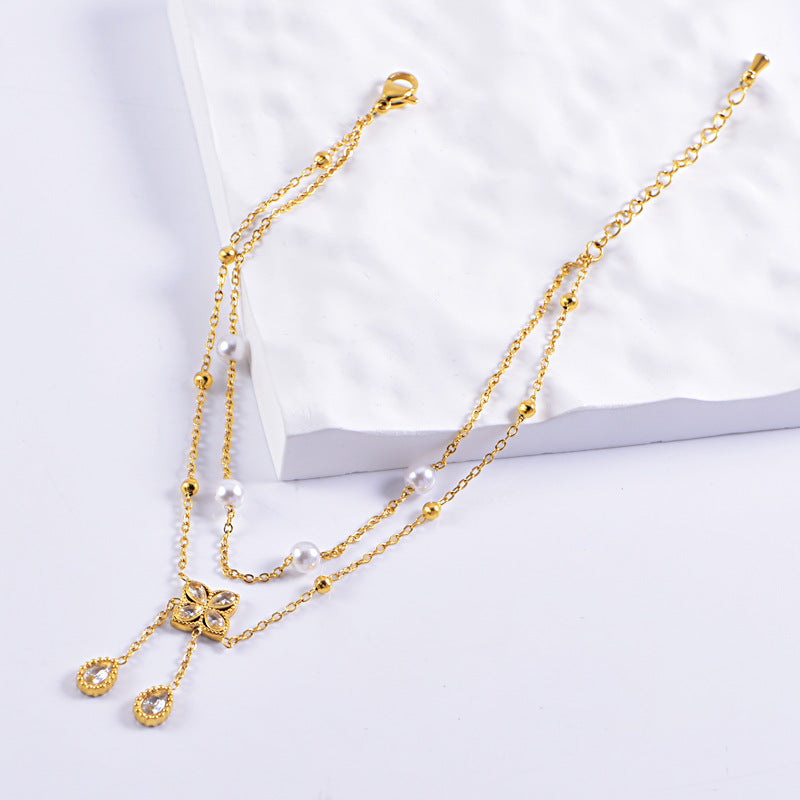 Wholesale  titanium steel  does not fade diamond flower tassel pearl double-layer stacked anklet