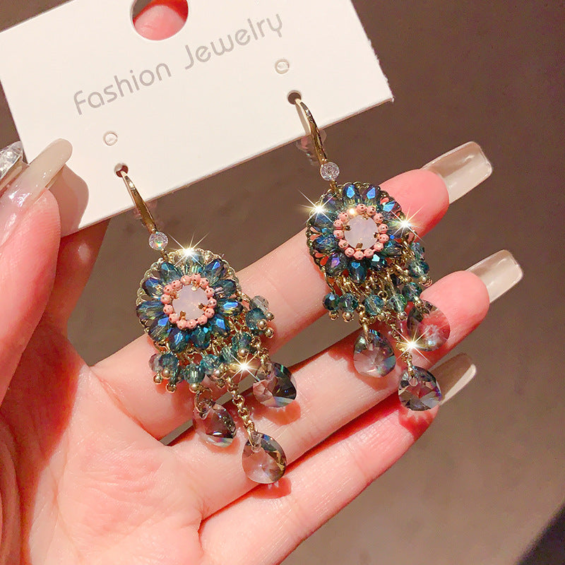 Wholesale  Light Luxury High-end Green Crystal Long Tassel Earrings