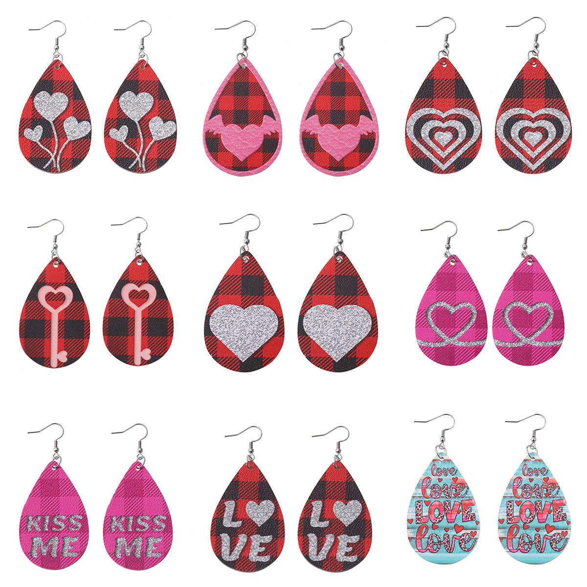 Wholesale Valentine's Day Plaid Love Water Drop Leather Double Sided Earrings
