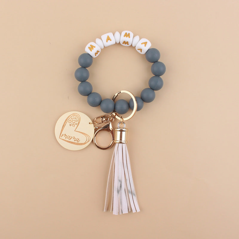 Wholesale Cartoon Love Wooden Brand MAMA Silicone Beaded Wrist Keychain ACC-KC-GuangTian026