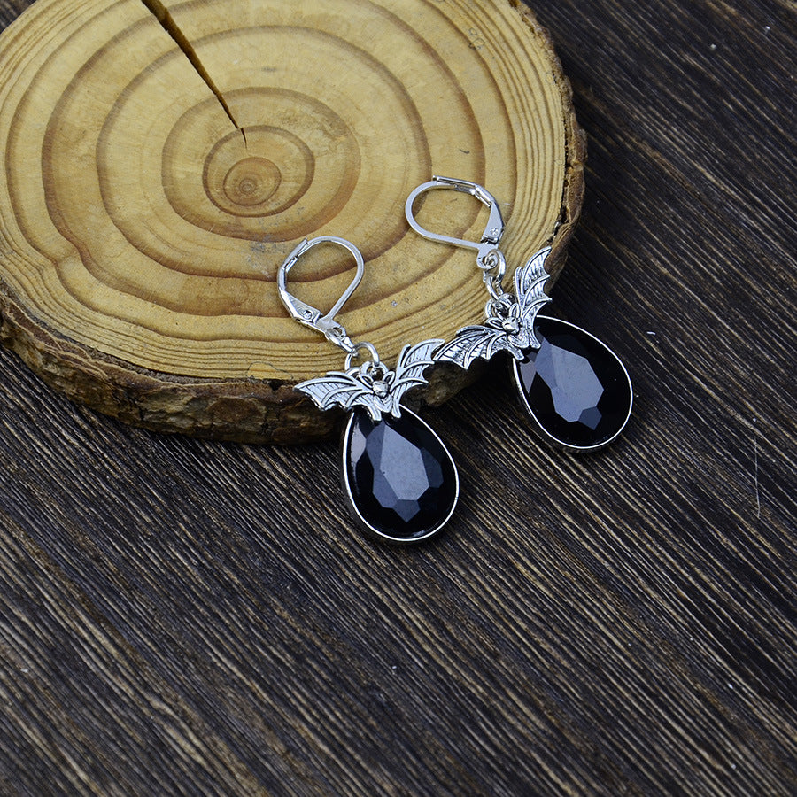 Wholesale Gothic Bat Earrings Red Black Gemstone Drop Pendant  Party Jewelry Accessory Gift