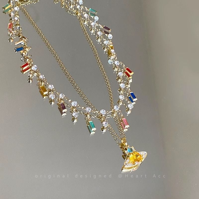 Wholesale Colorful Zircon Saturn Necklace for Women,  Dopamine Stacking Collarbone Chain,  High-End Neck Chain for Summer