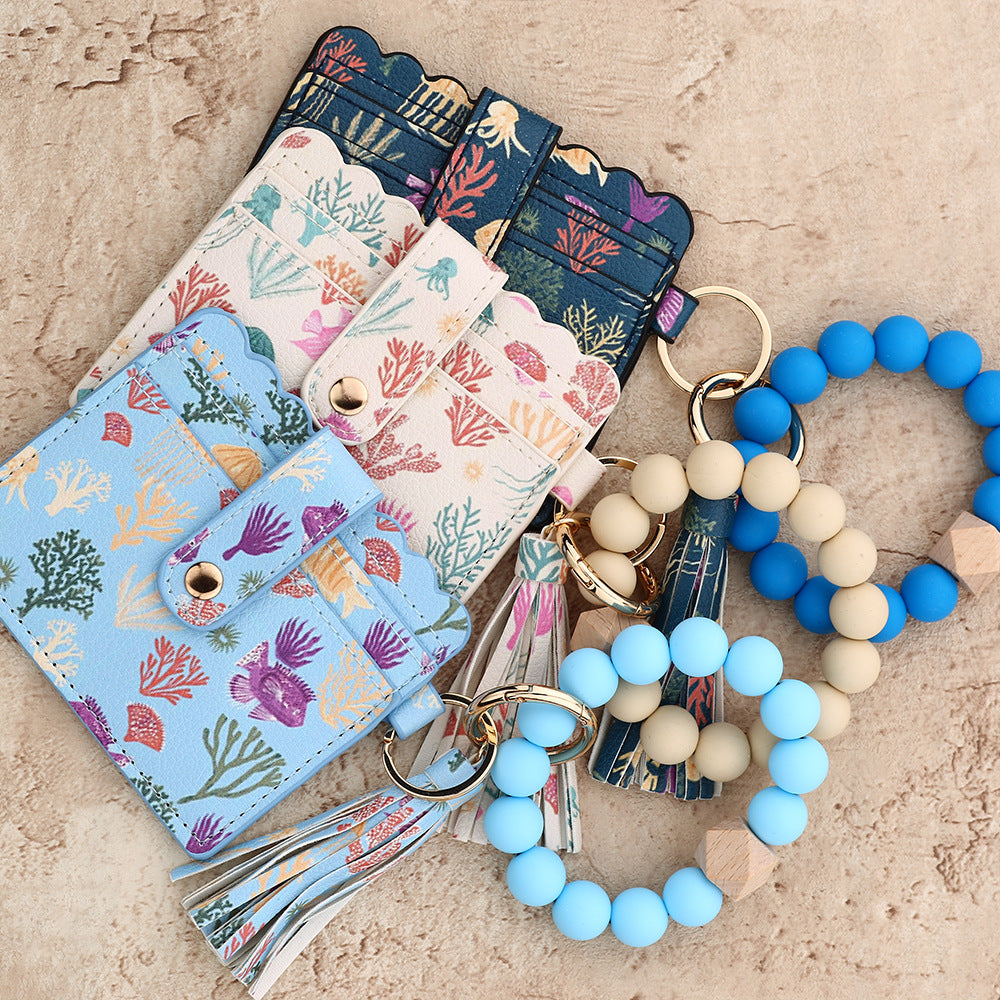 Wholesale  bead  ocean print mushroom leather Wristlet Keychain