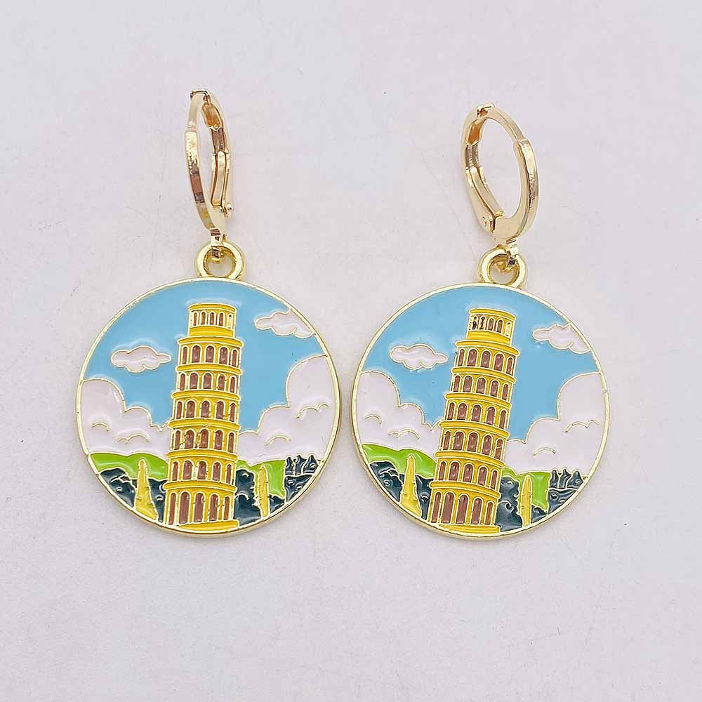 Wholesale City Architecture Scenery Earrings Alloy Oil Drop Pendant Earrings Acrylic Earrings ACC-ES-Chengy002