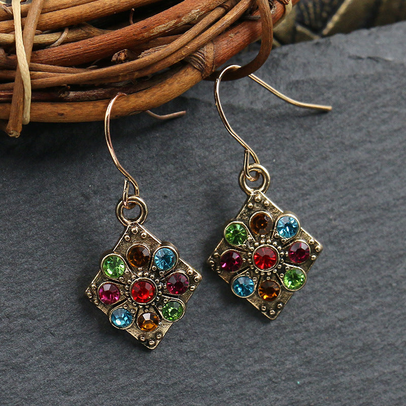 Wholesale hollow alloy retro color  diamond flower  earrings