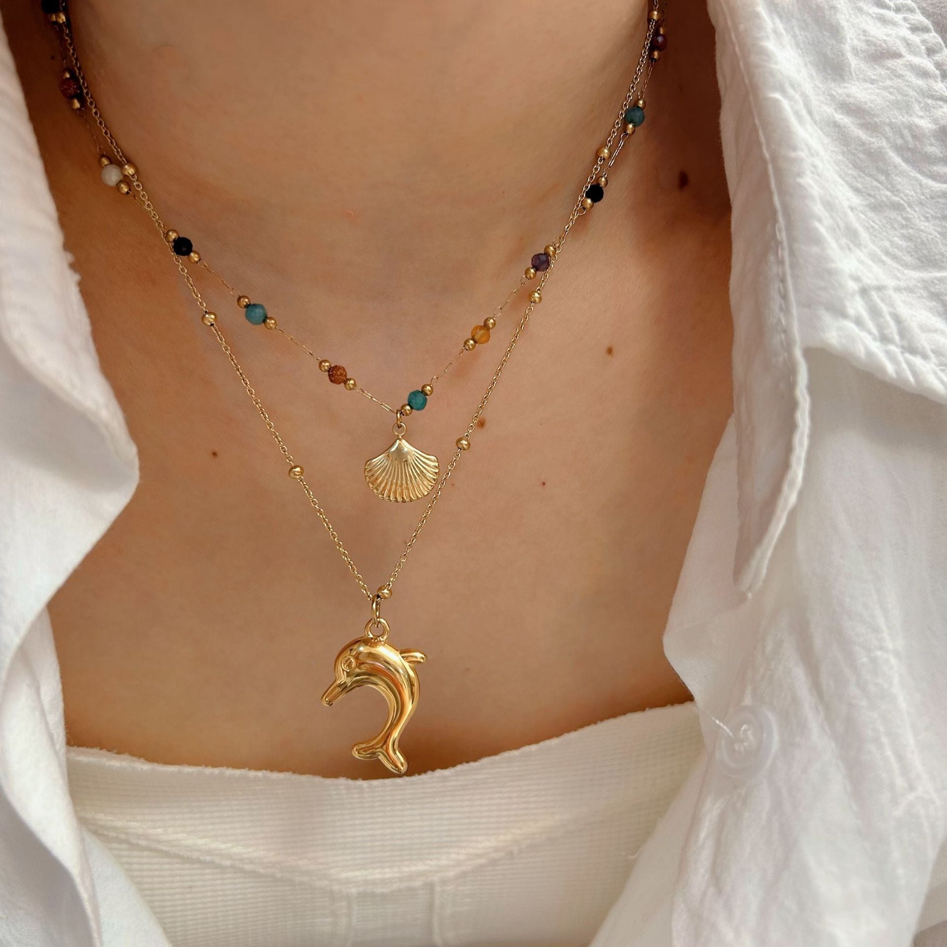 Wholesale Ocean Series Stainless Steel Shell Natural Stone Necklace