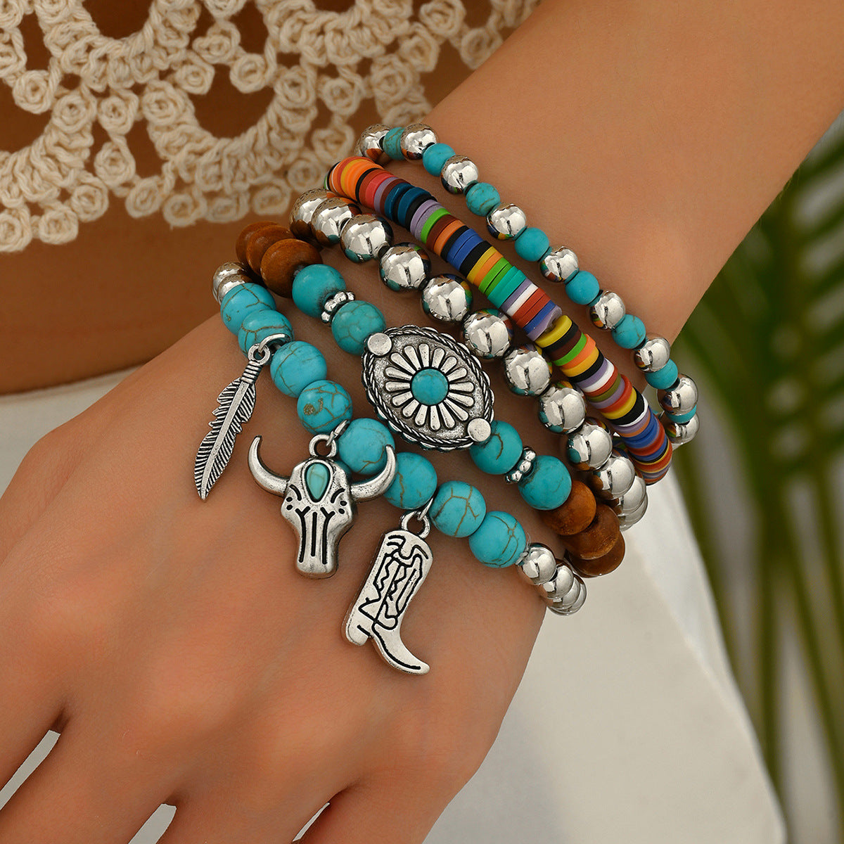 Wholesale Retro Cowboy Turquoise Bracelet Set Women S Handmade Engraved Metal Jewelry 5 Piece Gift Everyday Wear