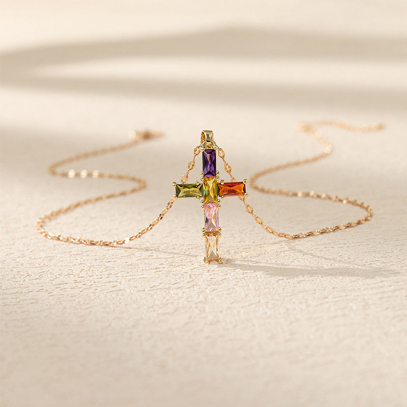 Wholesale Colored Zirconia Micro Inlay Cross Necklace