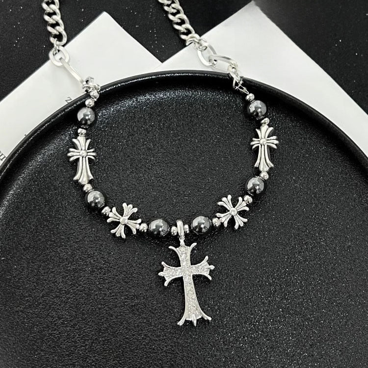 Wholesale Titanium Steel  retro Gothic style black silver beaded cross necklace