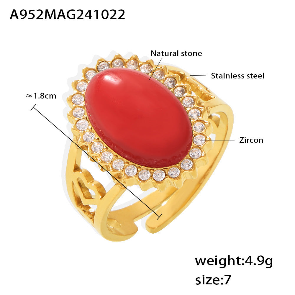 Wholesale Stainless steel Wave zircon oval natural stone open ring