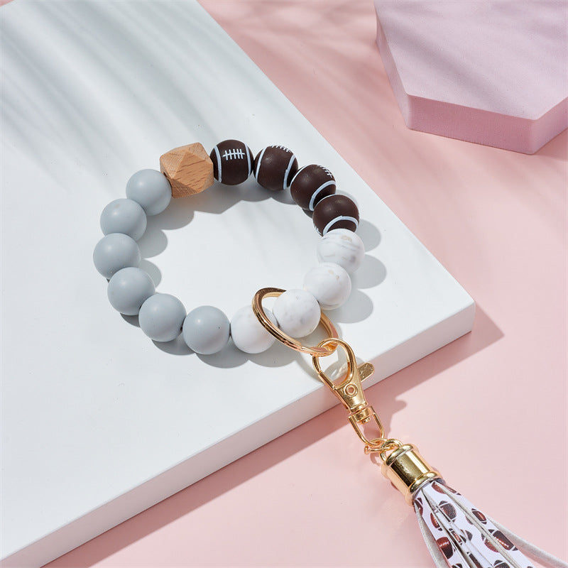 Wholesale Football Basketball Baseball Silicone Beaded Leather Tassel Wrist Keychain