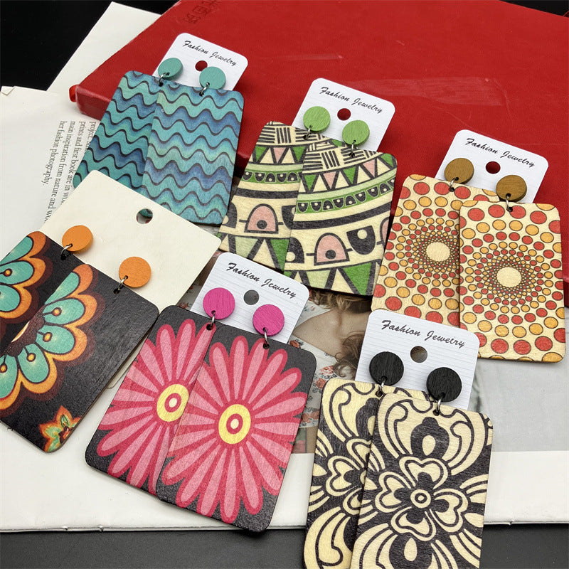 Wholesale Vintage Rectangular Wooden Earrings ACC-ES-FX007