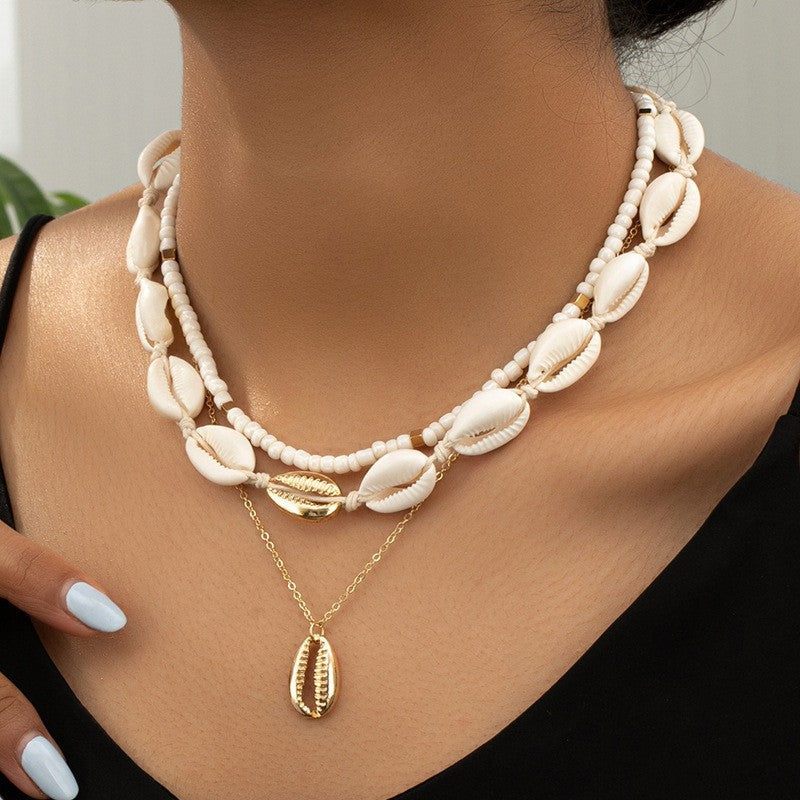 Wholesale Mixed Materials Layered Ocean Themed Necklace,  Starfish Seashell &  Imitation Pearl Charm,  Fashion Accessory for Women