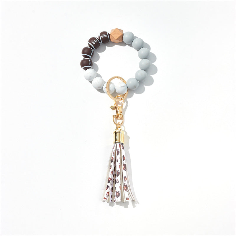 Wholesale Football Basketball Baseball Silicone Beaded Leather Tassel Wrist Keychain