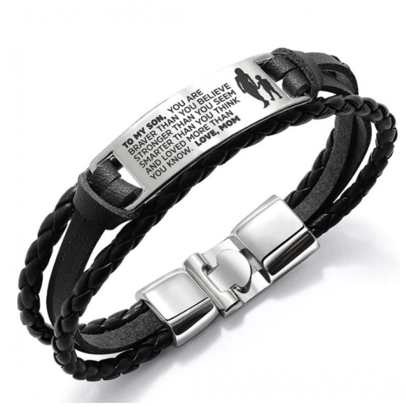 Wholesale Leather Steel Plate Bracelet,  Black Woven Steel Plate with Engraved Text,  Stainless Steel Tongue Clasp Leather Bracelet,  Three-Layer Leather Steel Plate Bracelet