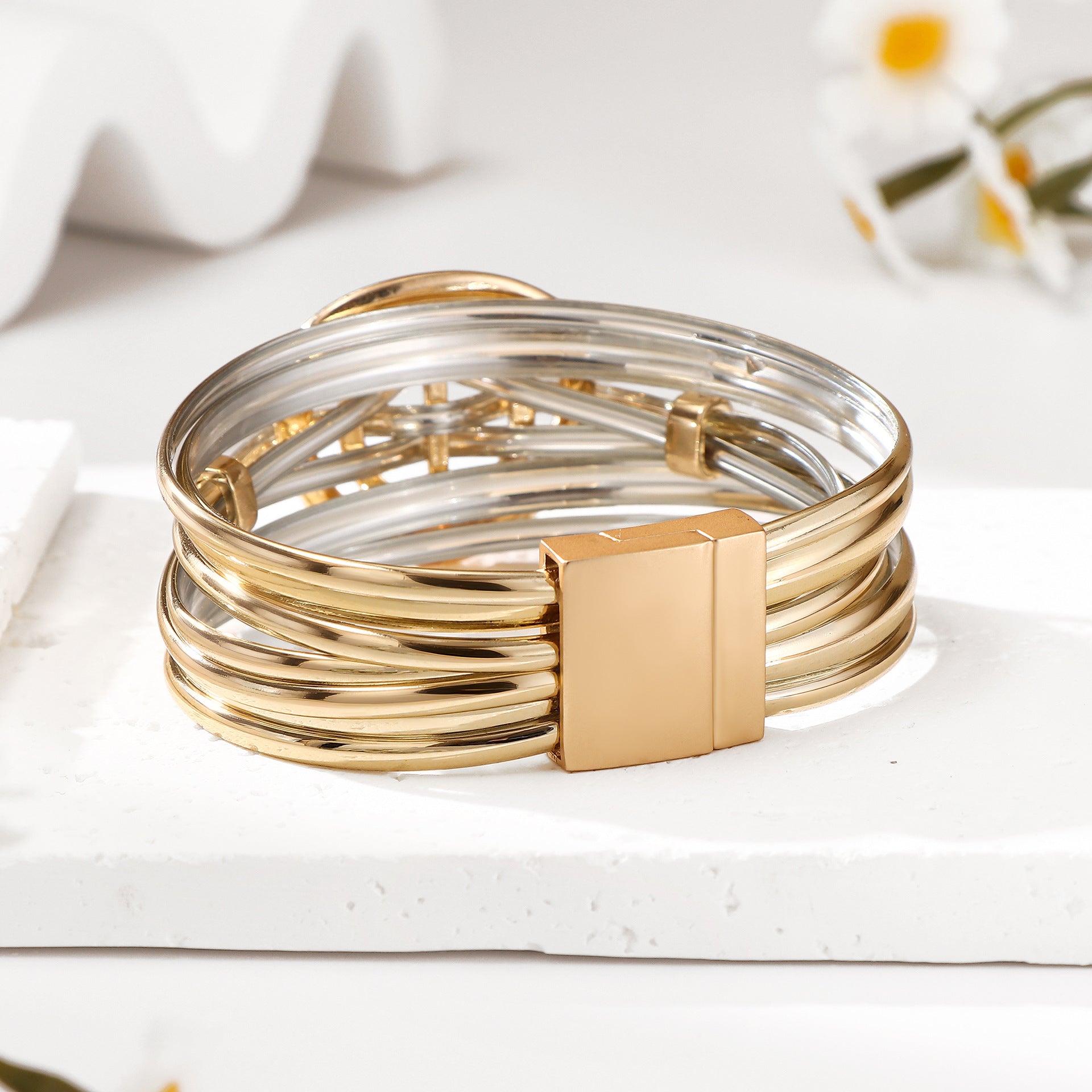 Wholesale Modern Minimalist Gold Zinc Alloy Women S Bracelet Oval Hollow Multi Layer Style Chic Jewelry Accessory For Everyday Wear And Boutique Resale