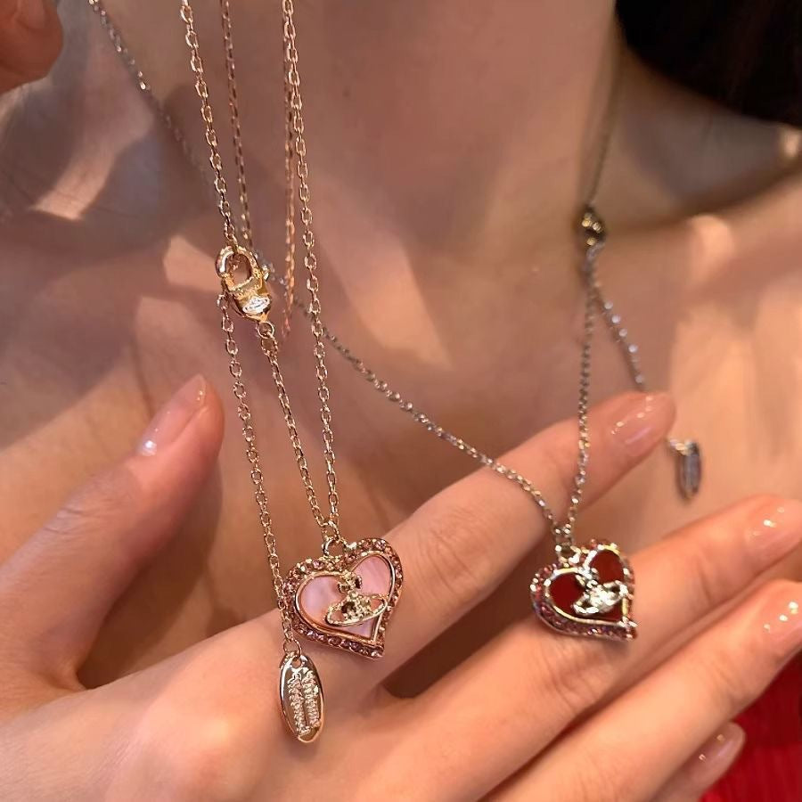 Wholesale New Niche Pink Heart Saturn Necklace for Women,  Ins-Style Light Luxury Design,  Long Clavicle Chain,  Student Version Choker