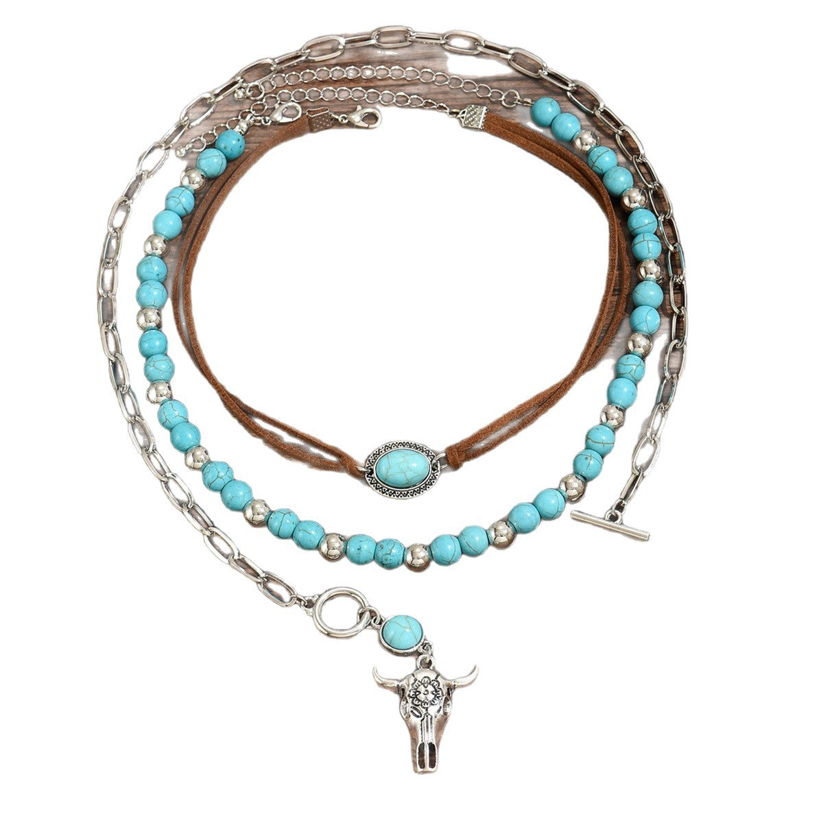 Wholesale Electroplated Alloy Cowboy Necklace Set Vintage Bull Head Turquoise Jewelry Accessory
