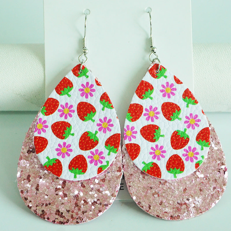 Wholesale 2 Pairs/pack Turtle Watermelon Flamingo Shiny Leather Drop Shape Multi-Layered Earrings ACC-ES-HY088