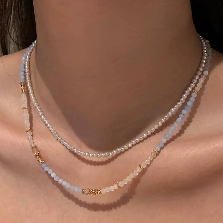 Wholesale  Natural Aquamarine Tianhe Stone Beaded White Crystal Necklace