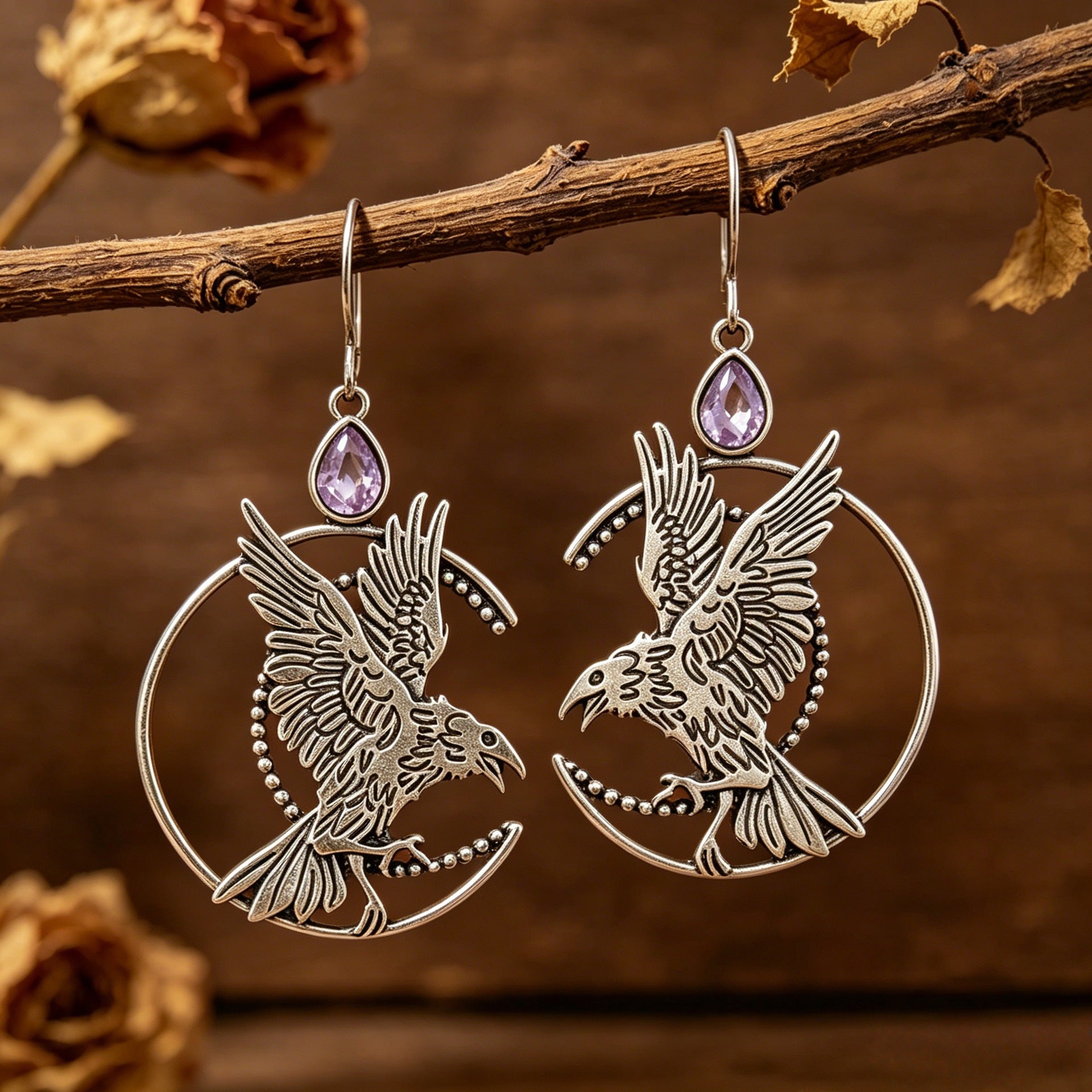 Wholesale Gothic Crow Crescent Earrings Distressed Silver Hollow Design for Party Wear Jewelry Accessory