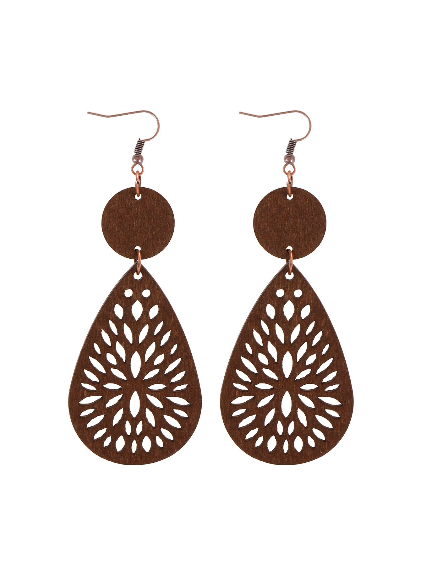 Wholesale Bohemian Style Vacation Vintage Hollow Water Drop Wooden Round Pieces Leather Earrings