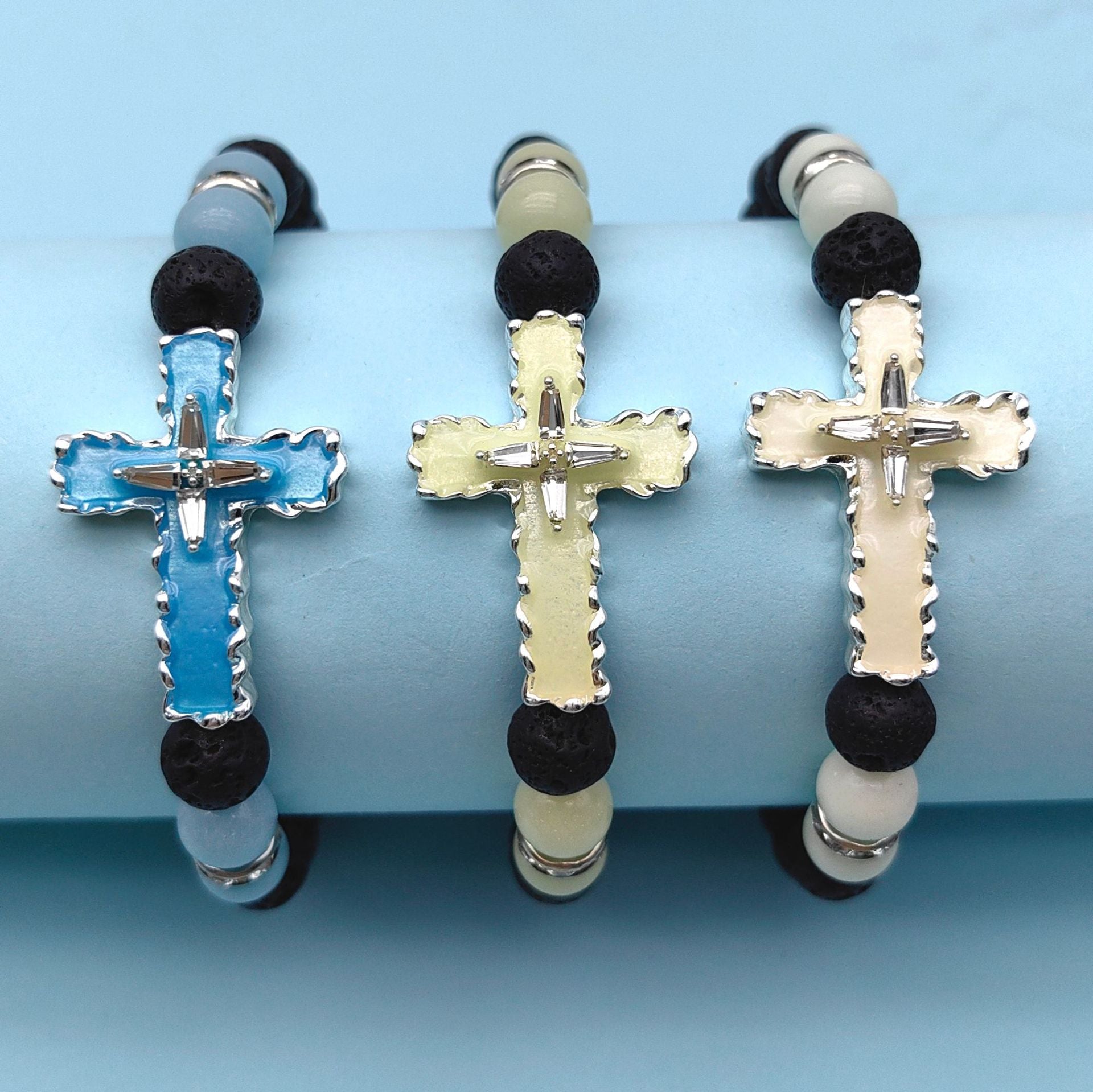 Wholesale Cross Luminous Alloy Diamond 8MM Volcanic Stone Bracelet ACC-BT-FanYou009