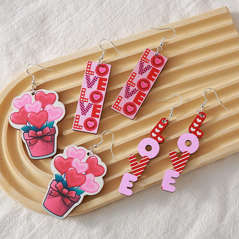 Wholesale  Valentine' s Day  LOVE heart balloon wood earrings