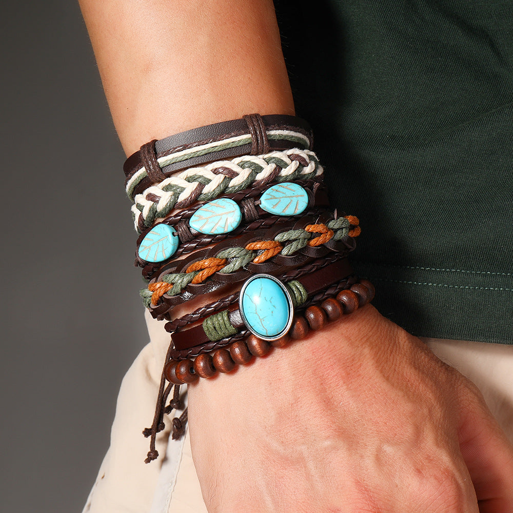 Wholesale Boho Blue Wood Bead Woven Multi Layer Bracelet Set Unisex 6 Piece Fashion Jewelry Accessory For Everyday Wear And Boutique Resale