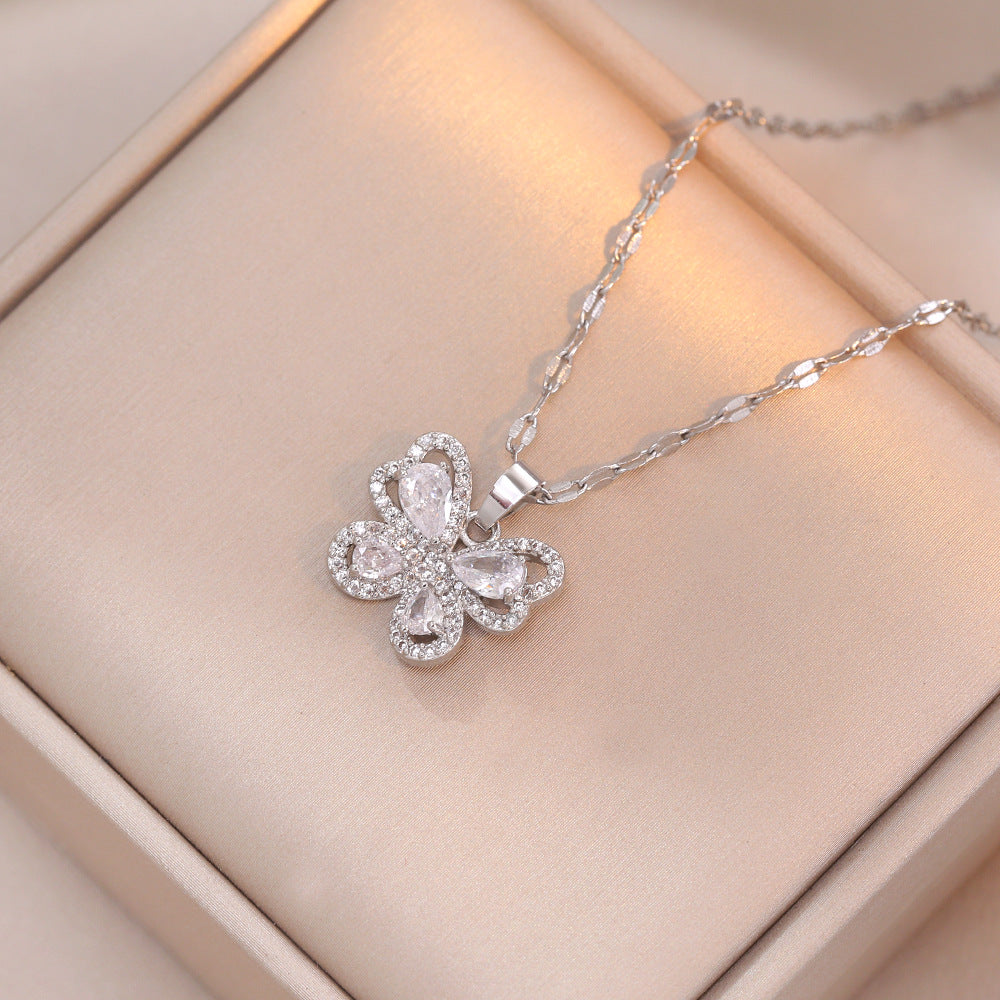 Wholesale Titanium Steel Rhinestone Butterfly Pendant Necklace for Women Chic Jewelry Accessory