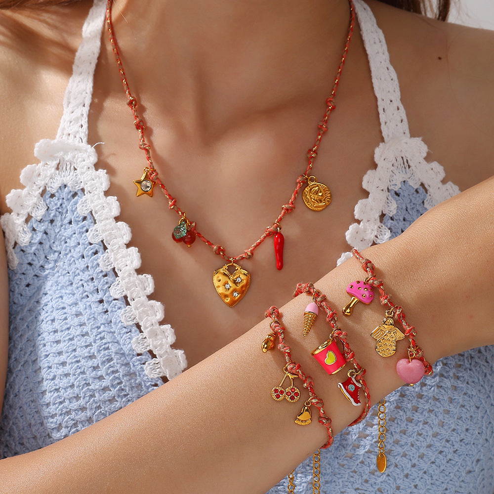 Wholesale DIY Pendant Bracelet Necklace Set — 18K Gold-Plated Stainless Steel — Strawberry &  Cherry Jewelry for Women