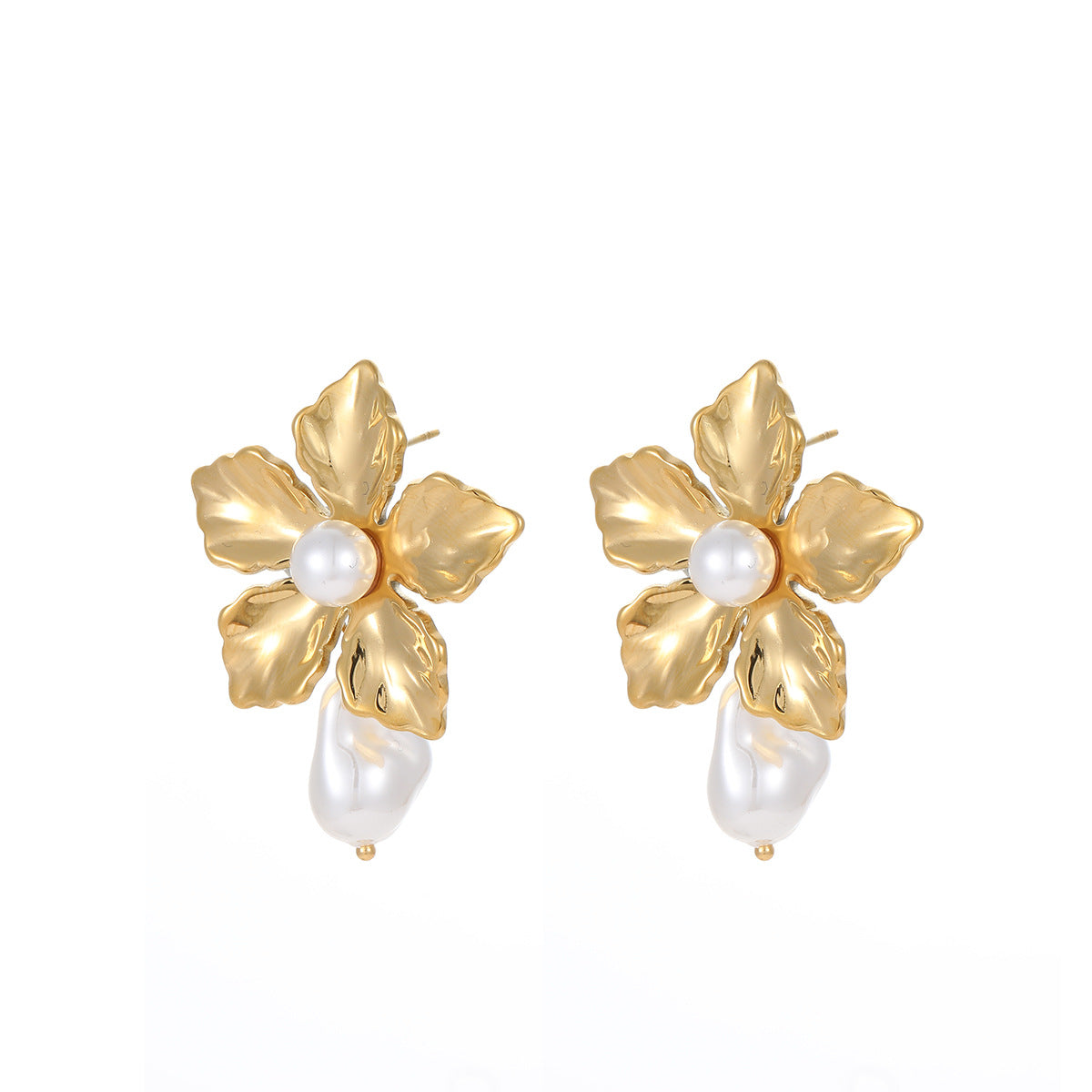 Wholesale  retro baroque pearl flowers stainless steel 18K gold earrings