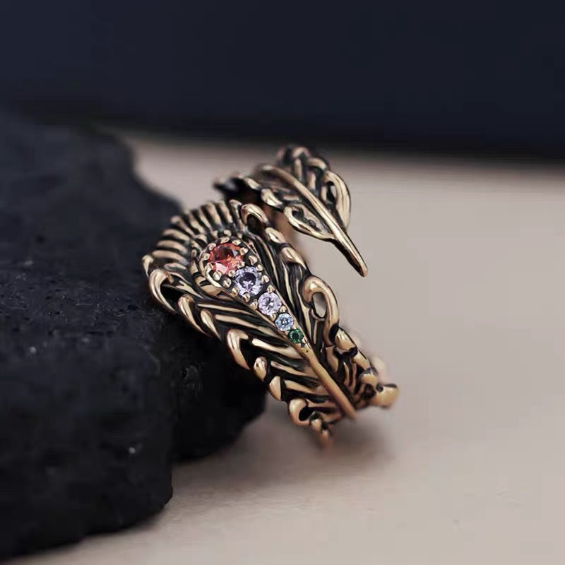 Wholesale vintage black gold all-match zircon feather open ring