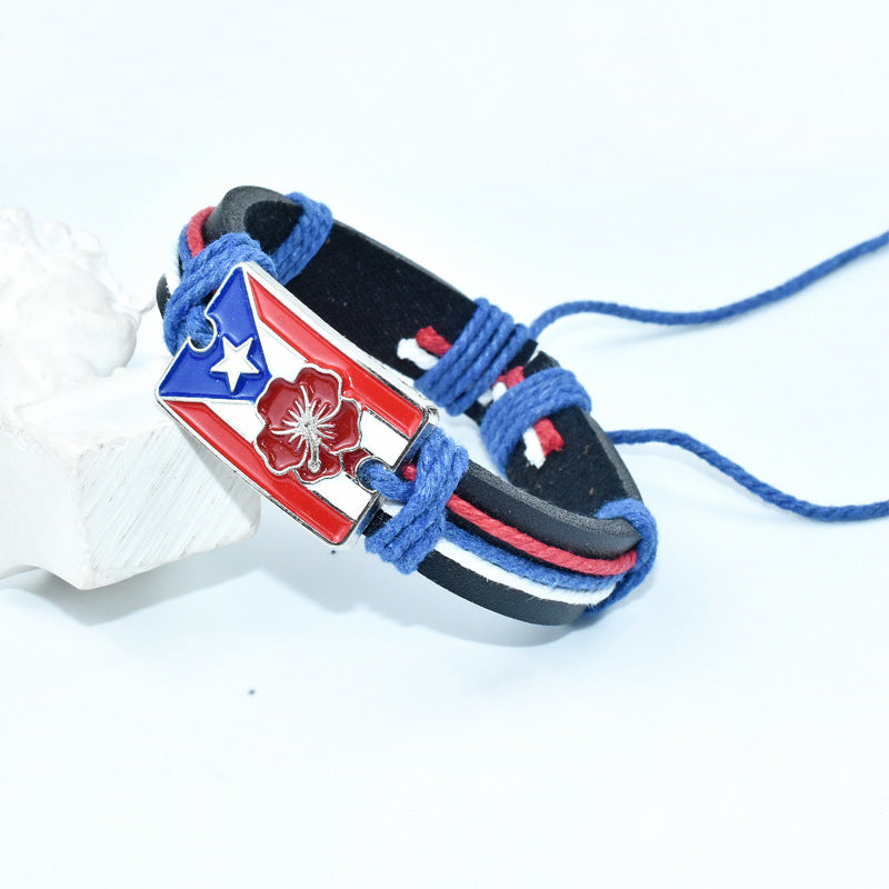 Wholesale European and American style zinc alloy Puerto Rican flag genuine leather bracelet,  men' s hibiscus macadamia flower wholesale woven bracelet
