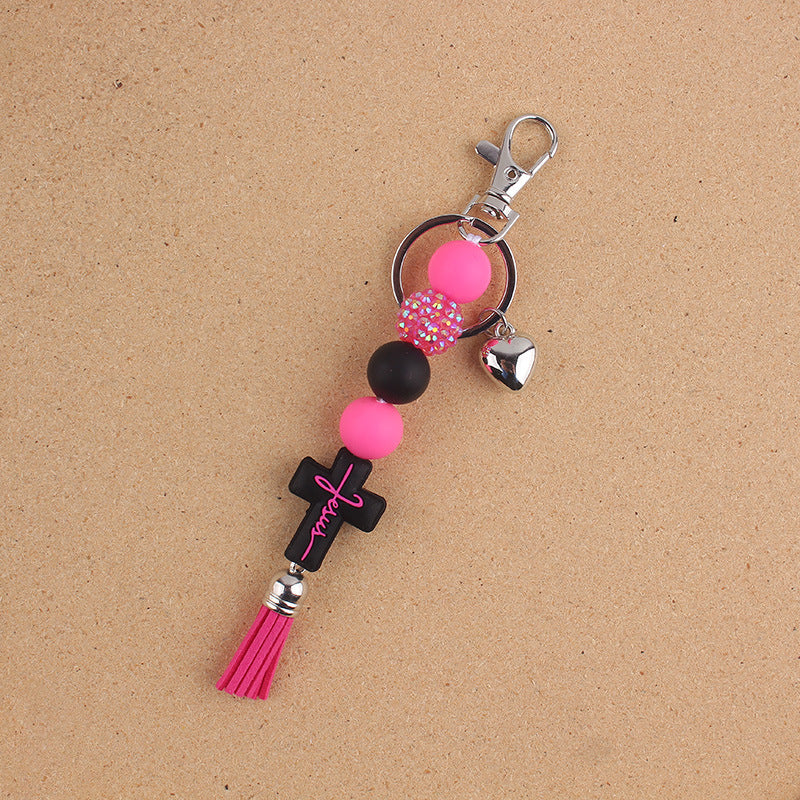 Wholesale Creative Cross Tassel Keychain Charm Silicone Beaded Bag Accessory