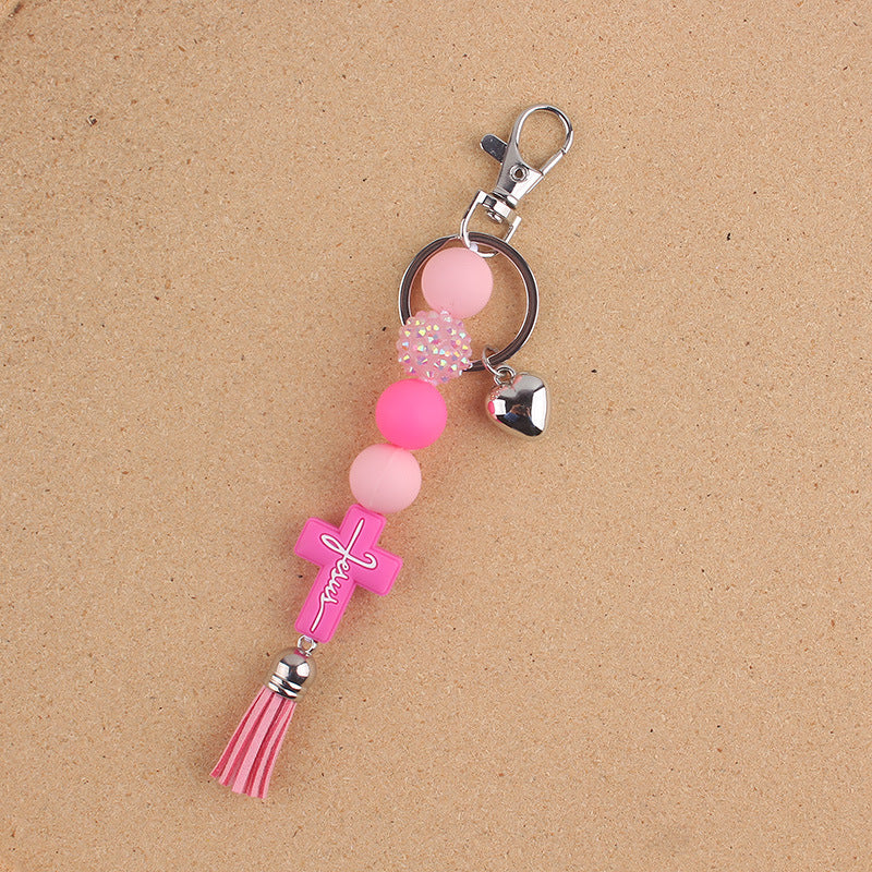 Wholesale Creative Cross Tassel Keychain Charm Silicone Beaded Bag Accessory