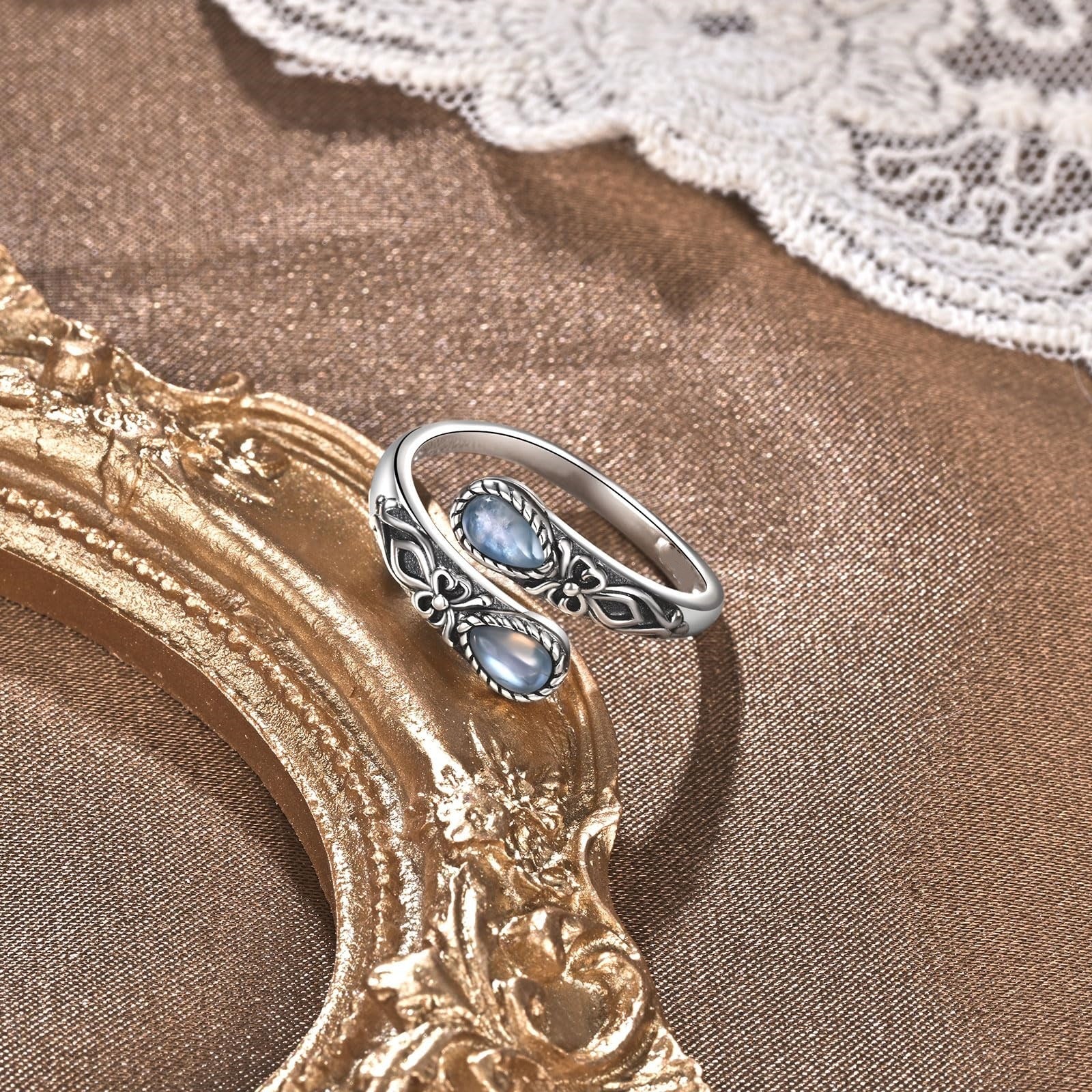 Wholesale Moonstone Spoon Ring  Embossed Bow Bosnian Vintage Jewelry