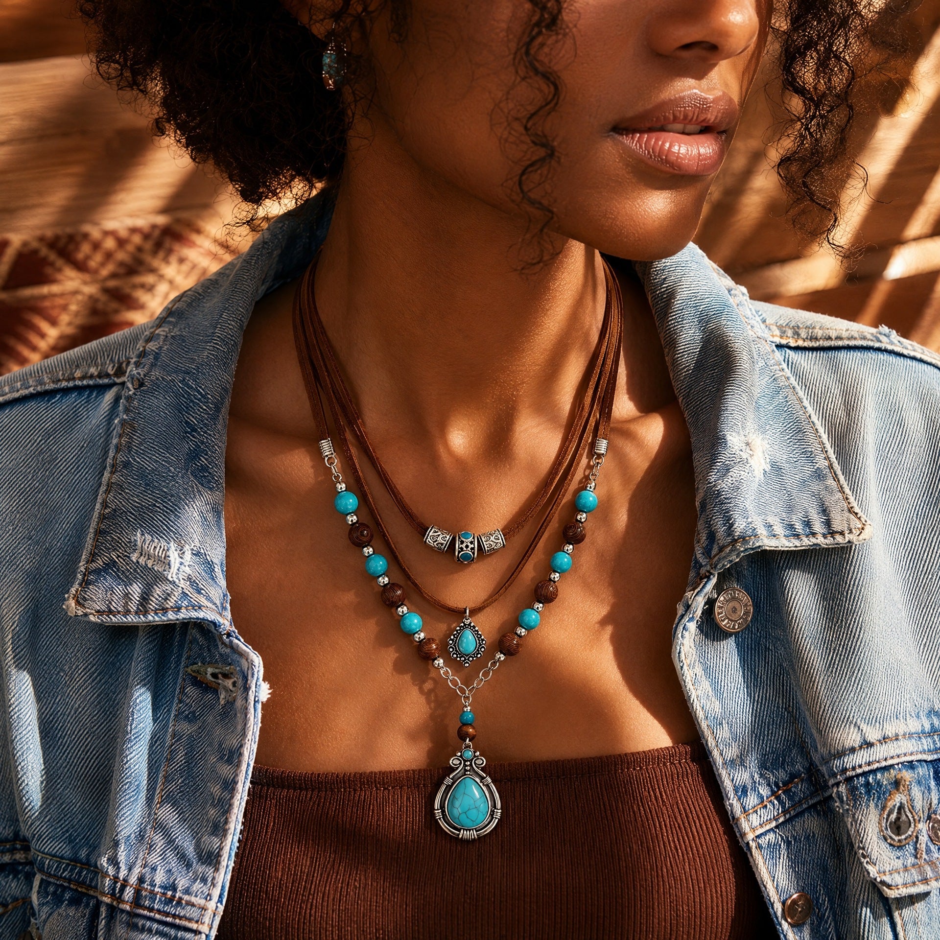 Wholesale Vintage Western Cowboy Multi Layer Turquoise Wood Bead Necklace Set Trendy Jewelry Accessory