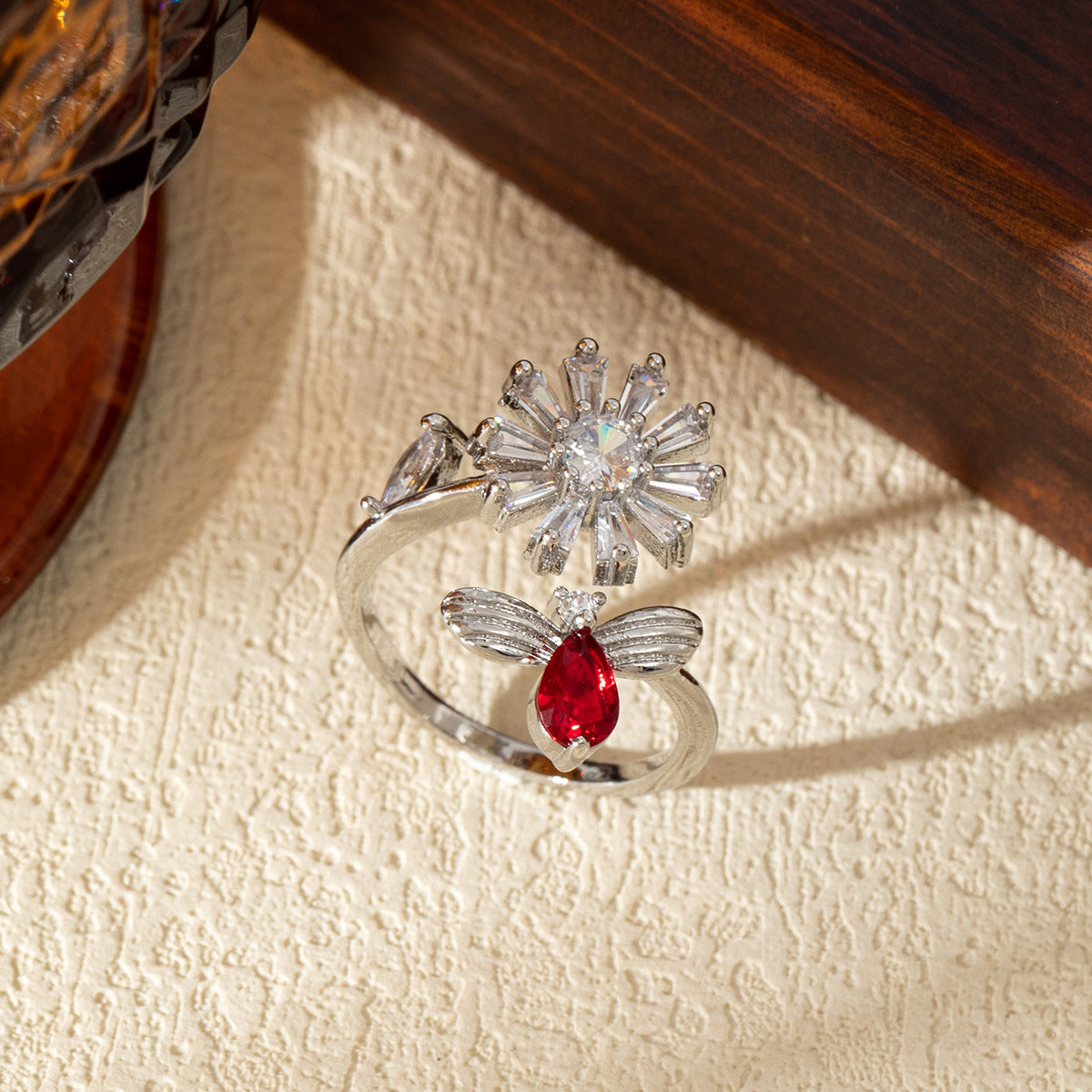 Wholesale Open Adjustable Flower Ring Copper Zircon Chic Jewelry Accessory