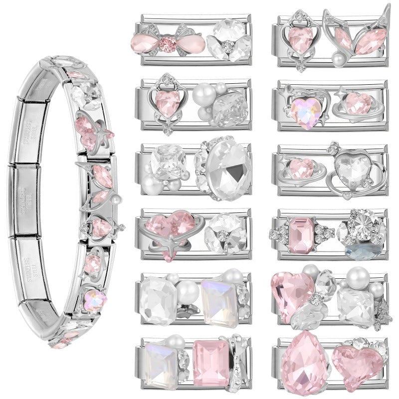 Wholesale Stainless Steel DIY Modular Pink Heart Pearl Crystal Bracelet - Chic Fashion Jewelry Accessory for Boutique Resale
