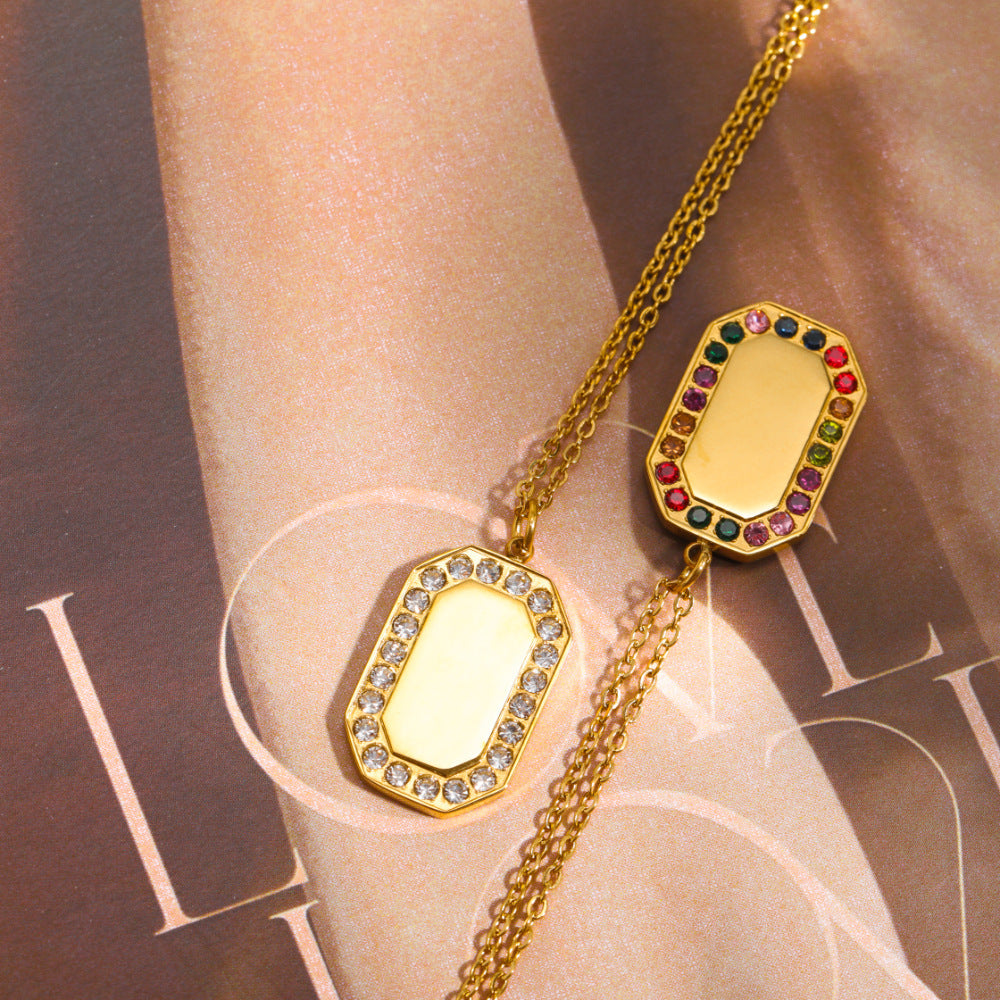 Wholesale inlaid diamond square necklace stainless steel colored zircon pendant sweater chain