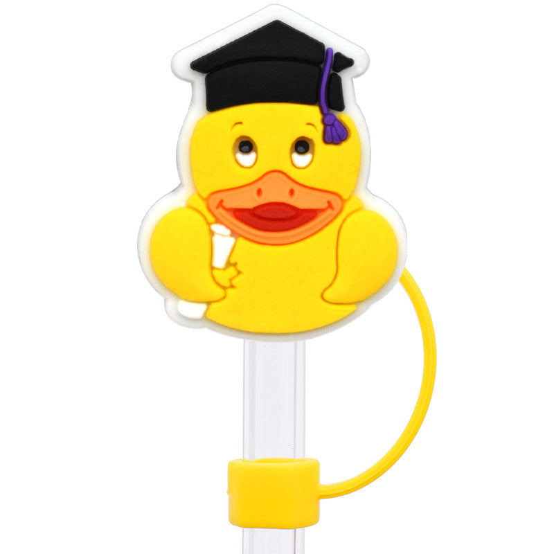 Wholesale Random 100pcs Cartoon yellow duck   10mm PVC Soft Straw Tube Cap