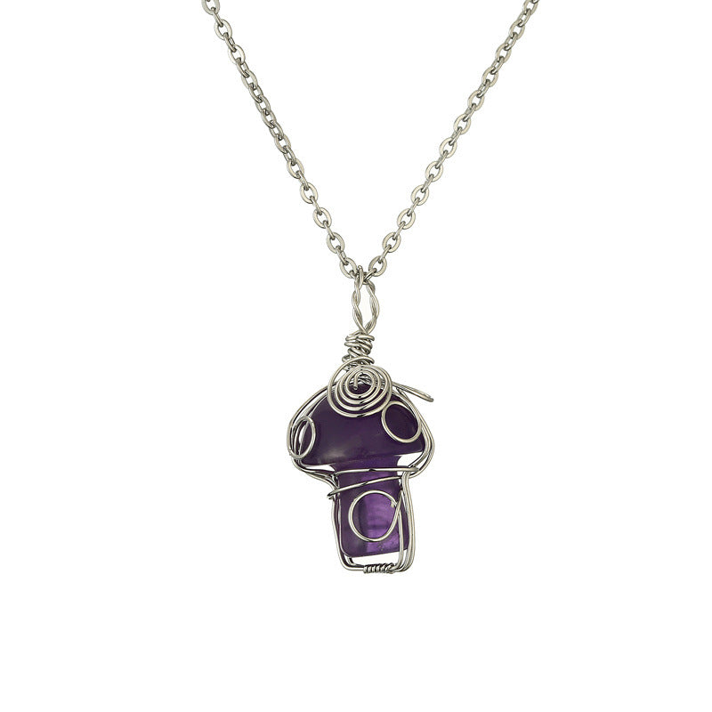 Wholesale Fashion Handmade Wire Wrapped Amethyst Crystal Pendant Necklace Natural Stone Mushroom Design Jewelry Gift