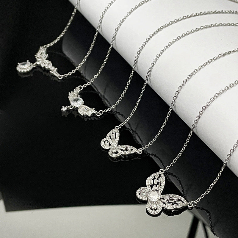 Wholesale  Micro-inlaid Zircon Water Drop Necklace  Three-dimensional Butterfly Full Diamond  Clavicle Chain