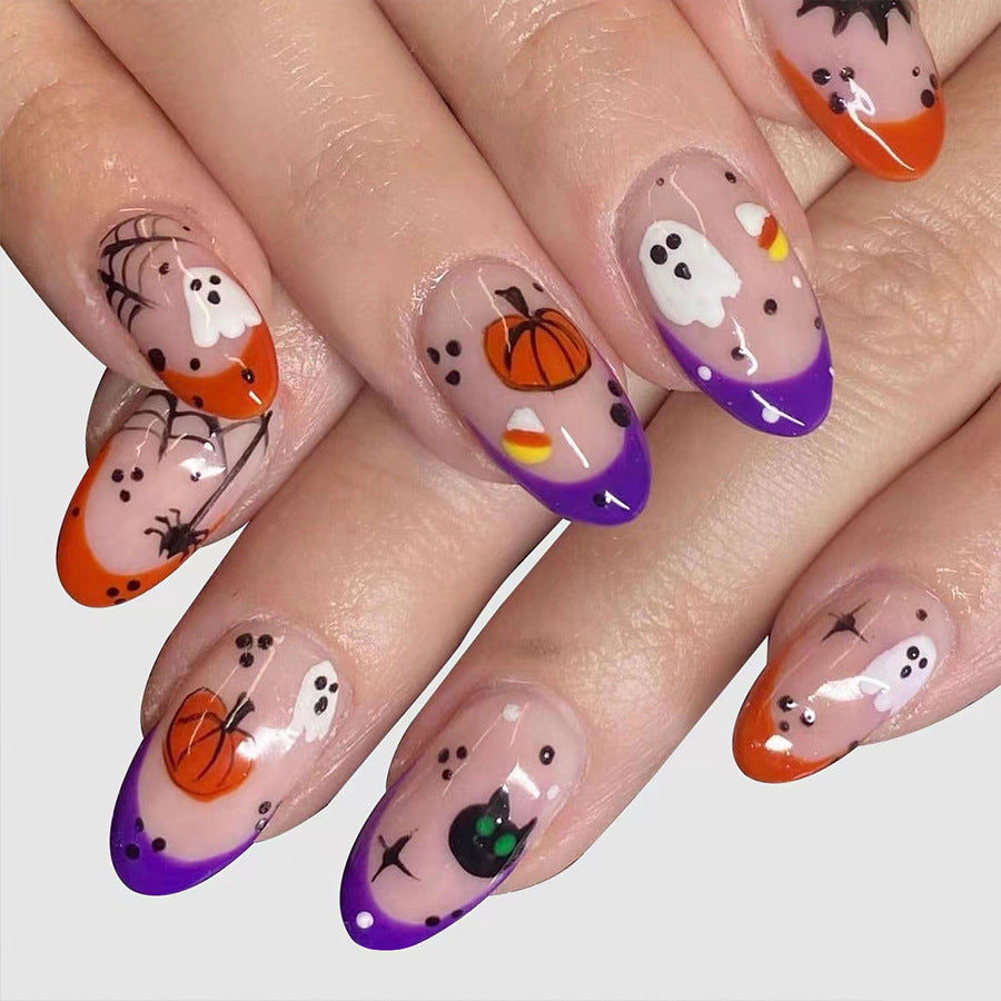 Wholesale 24 Pieces/box Ghost Pumpkin Halloween Press-on Nails Kits Nail Stickers ACC-NS-GuaiXL075