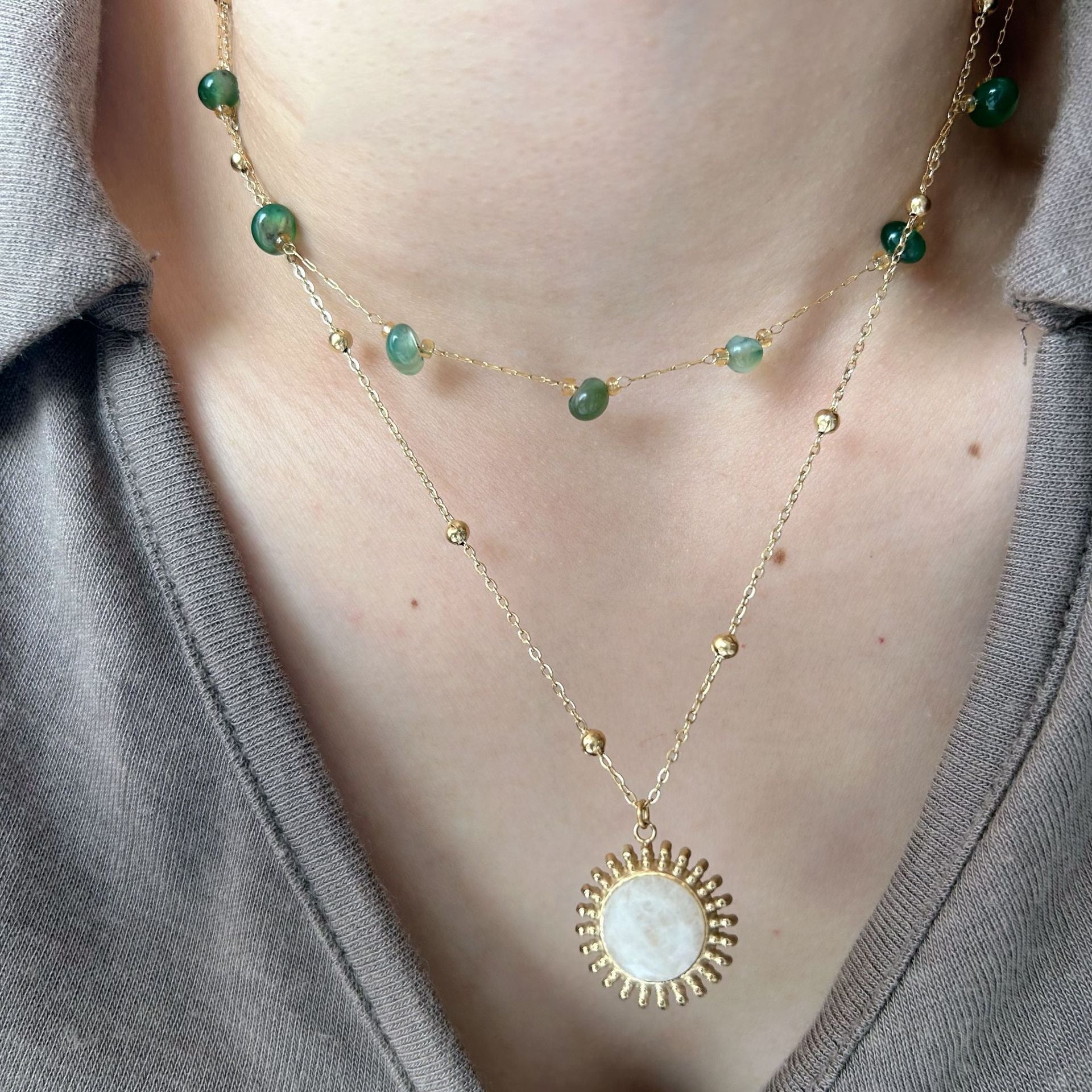 Wholesale Natural Stone Beaded Necklace Shell Ot Buckle Pendant Stainless Steel White Jade Pendant Necklace