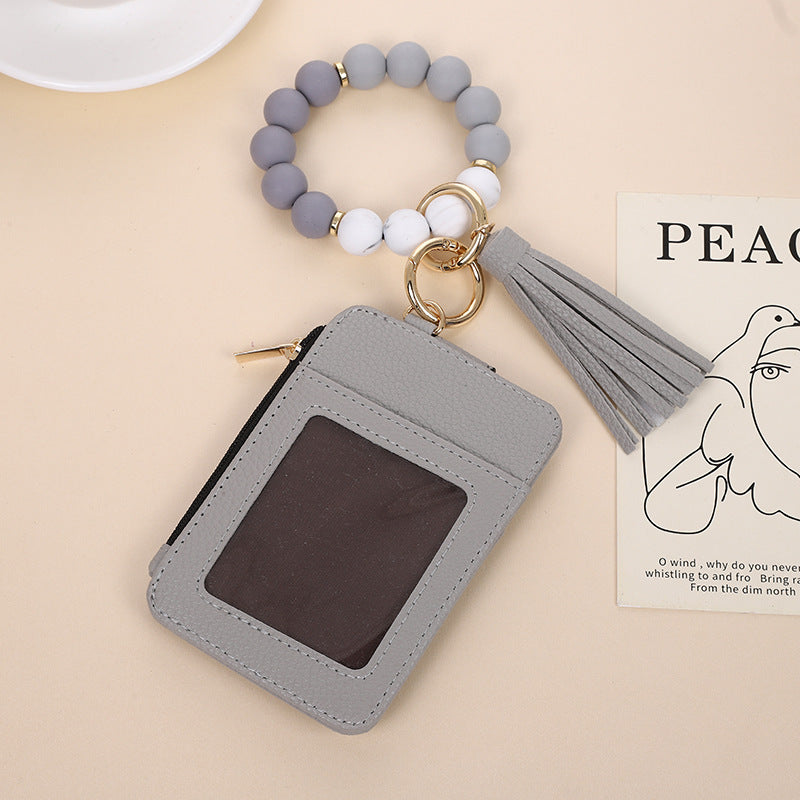 Wholesale Western Style Cow Pattern Sunflower Leopard Print Card Holder Silicone Beaded Wristlet Keychain ACC-KC-QiuXue006