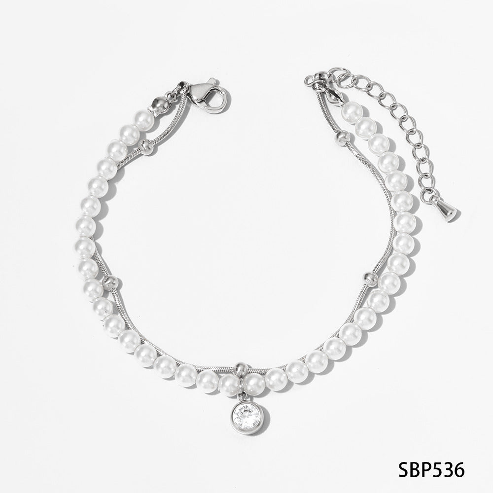 Wholesale Pearl Zircon Bracelet suit Stainless Steel Stowable Double-layer Bracelet