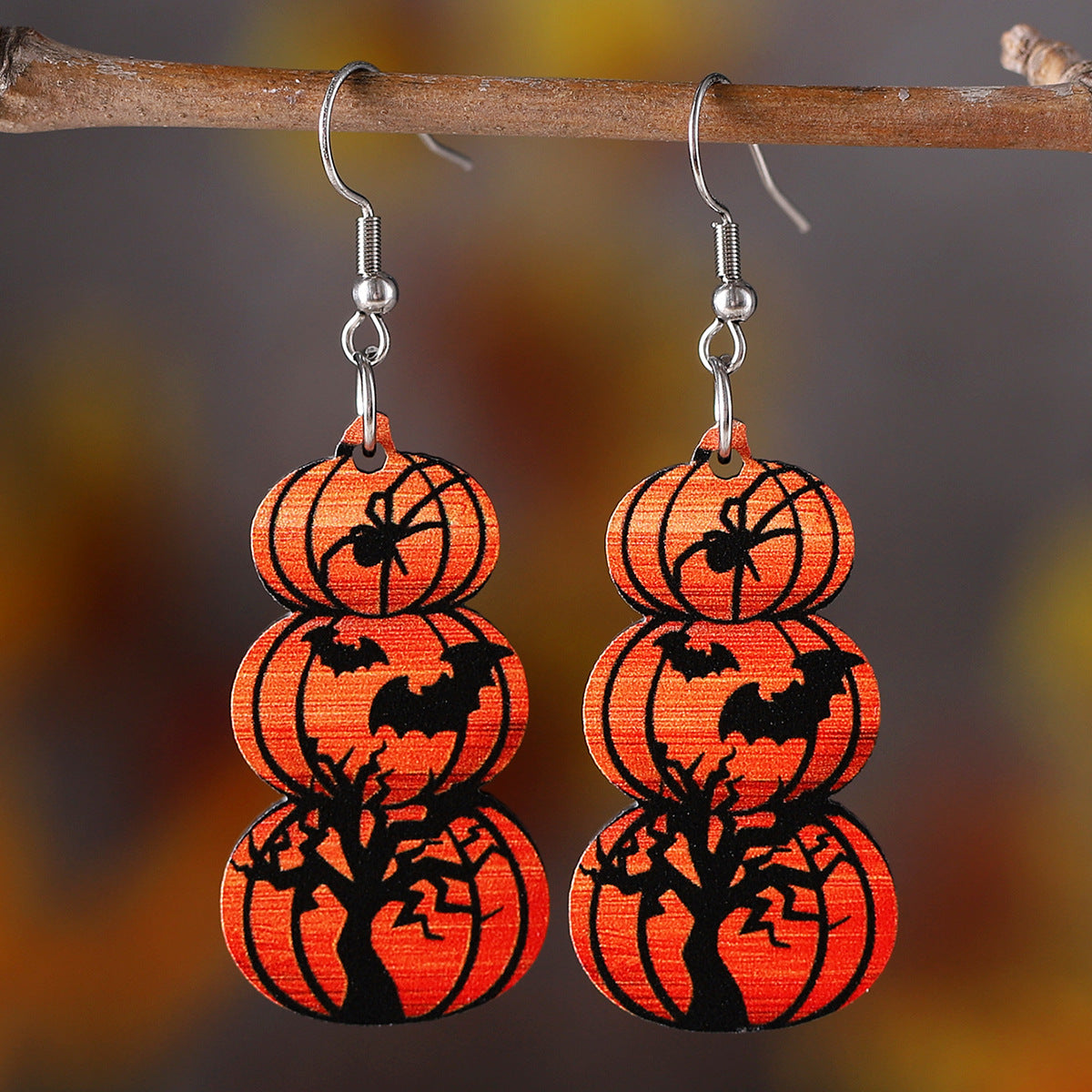 Wholesale Halloween Bat Ghost Face Pumpkin Gothic Style Wood Pendant Earrings ACC-ES-ChuLian055
