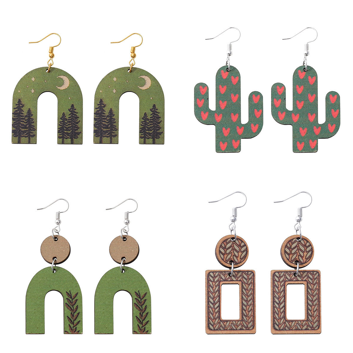 Wholesale  Long U-shaped Geometric Square Hollow Wooden Earrings